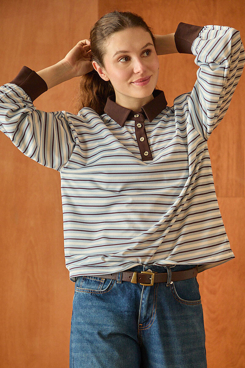 Çizgili Polo Yaka Düğmeli  Sweatshirt  Bebe Mavisi - 3
