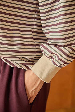 Çizgili Polo Yaka Düğmeli Sweatshirt Kahverengi - 3