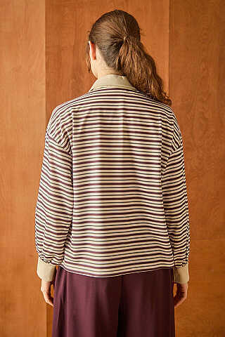 Çizgili Polo Yaka Düğmeli Sweatshirt Kahverengi - 6