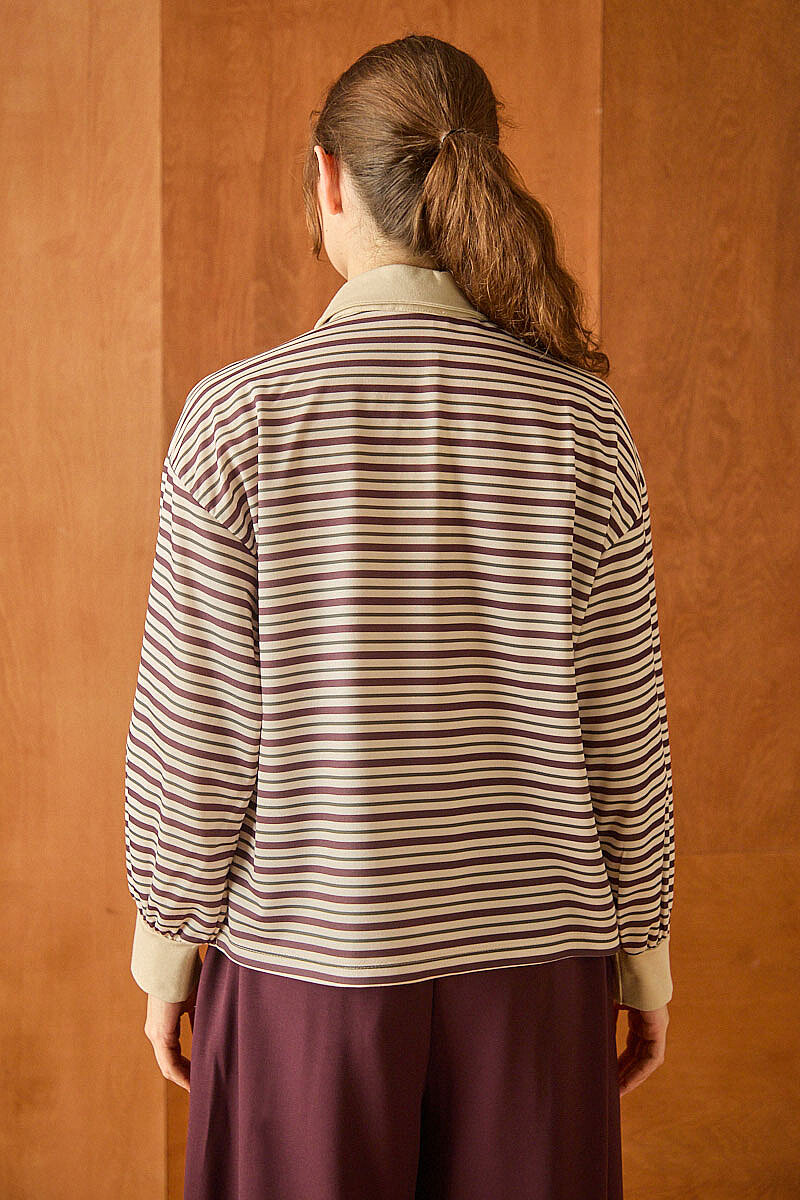 Çizgili Polo Yaka Düğmeli Sweatshirt Kahverengi - 6