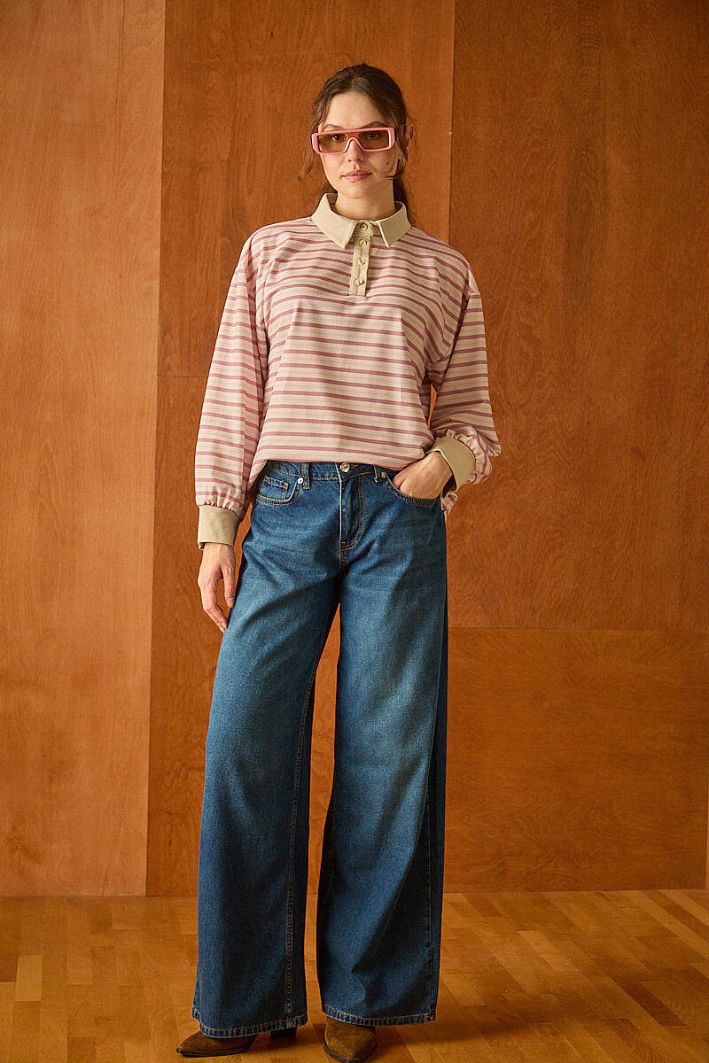Çizgili Polo Yaka Düğmeli  Sweatshirt Pudra - 2