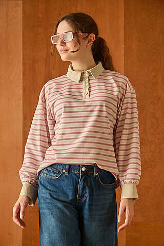 Çizgili Polo Yaka Düğmeli  Sweatshirt Pudra - 5