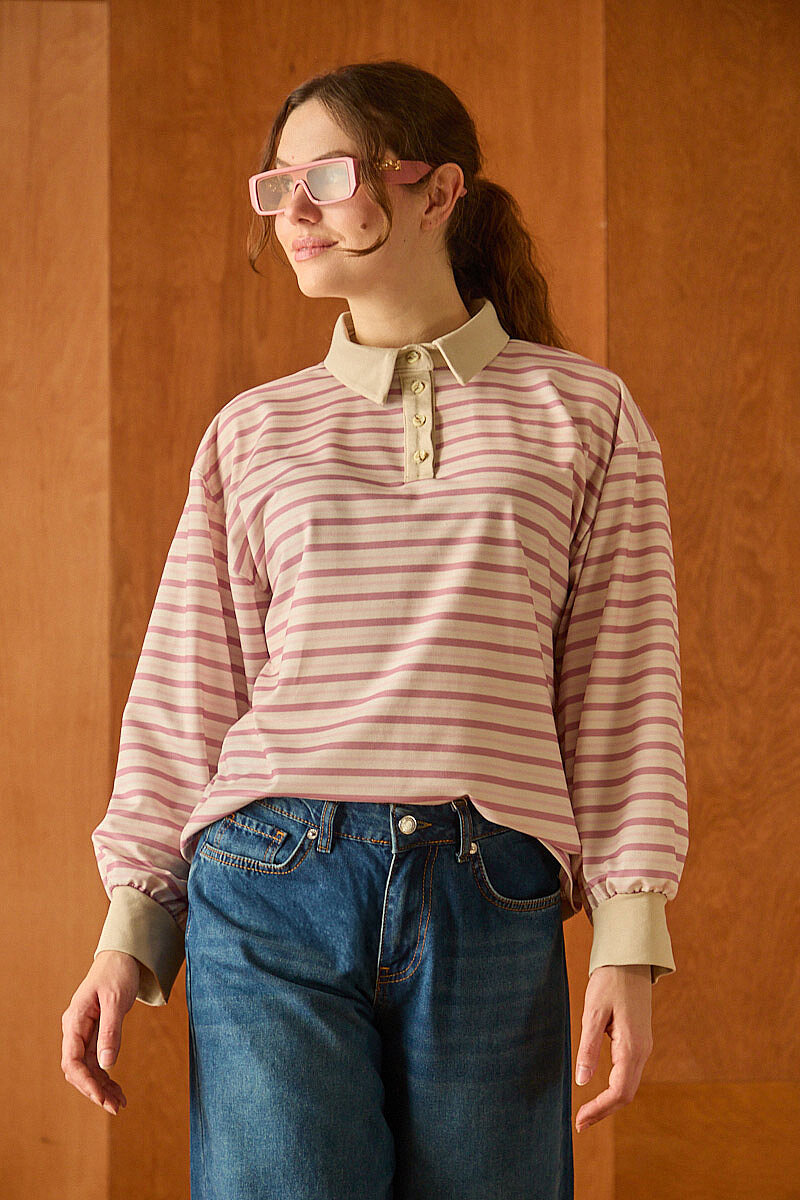 Çizgili Polo Yaka Düğmeli  Sweatshirt Pudra - 5