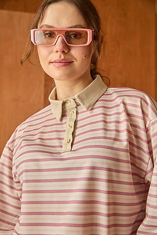 Çizgili Polo Yaka Düğmeli  Sweatshirt Pudra - 3