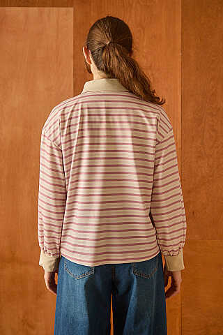 Çizgili Polo Yaka Düğmeli  Sweatshirt Pudra - 6