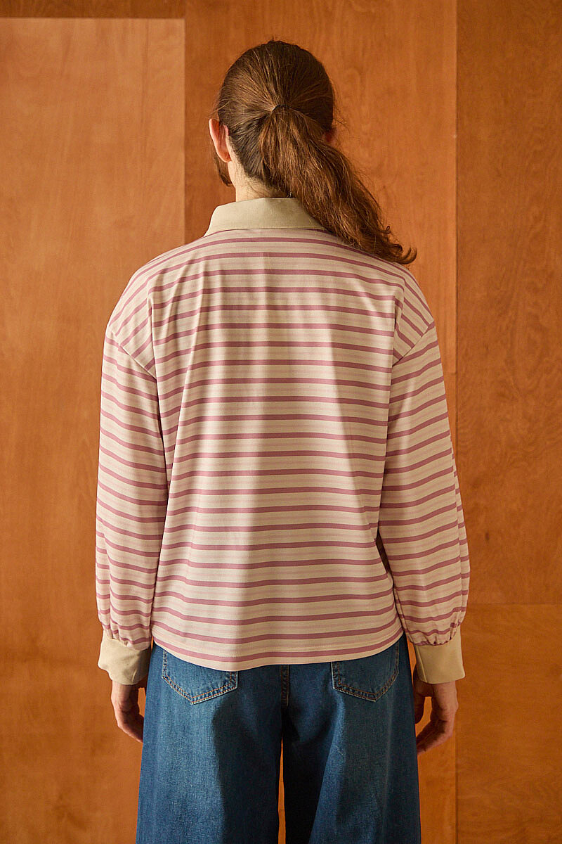 Çizgili Polo Yaka Düğmeli  Sweatshirt Pudra - 6