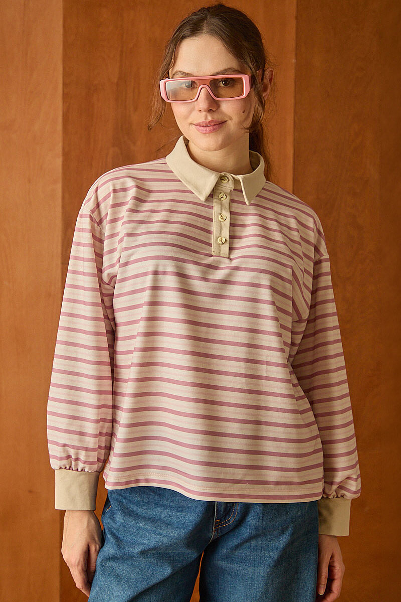 Çizgili Polo Yaka Düğmeli  Sweatshirt Pudra