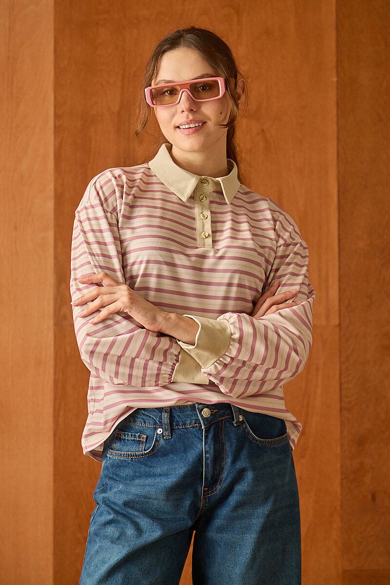 Çizgili Polo Yaka Düğmeli  Sweatshirt Pudra - 4