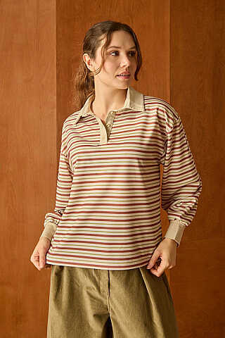 Çizgili Polo Yaka Düğmeli Sweatshirt Taba - 2