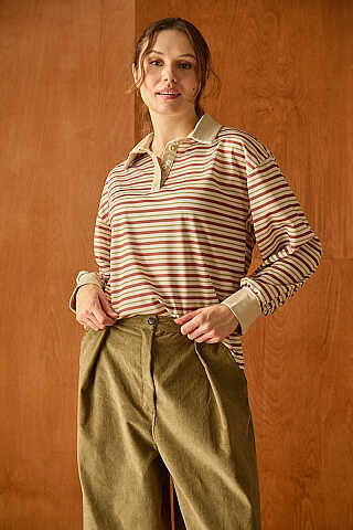 Çizgili Polo Yaka Düğmeli Sweatshirt Taba - 4