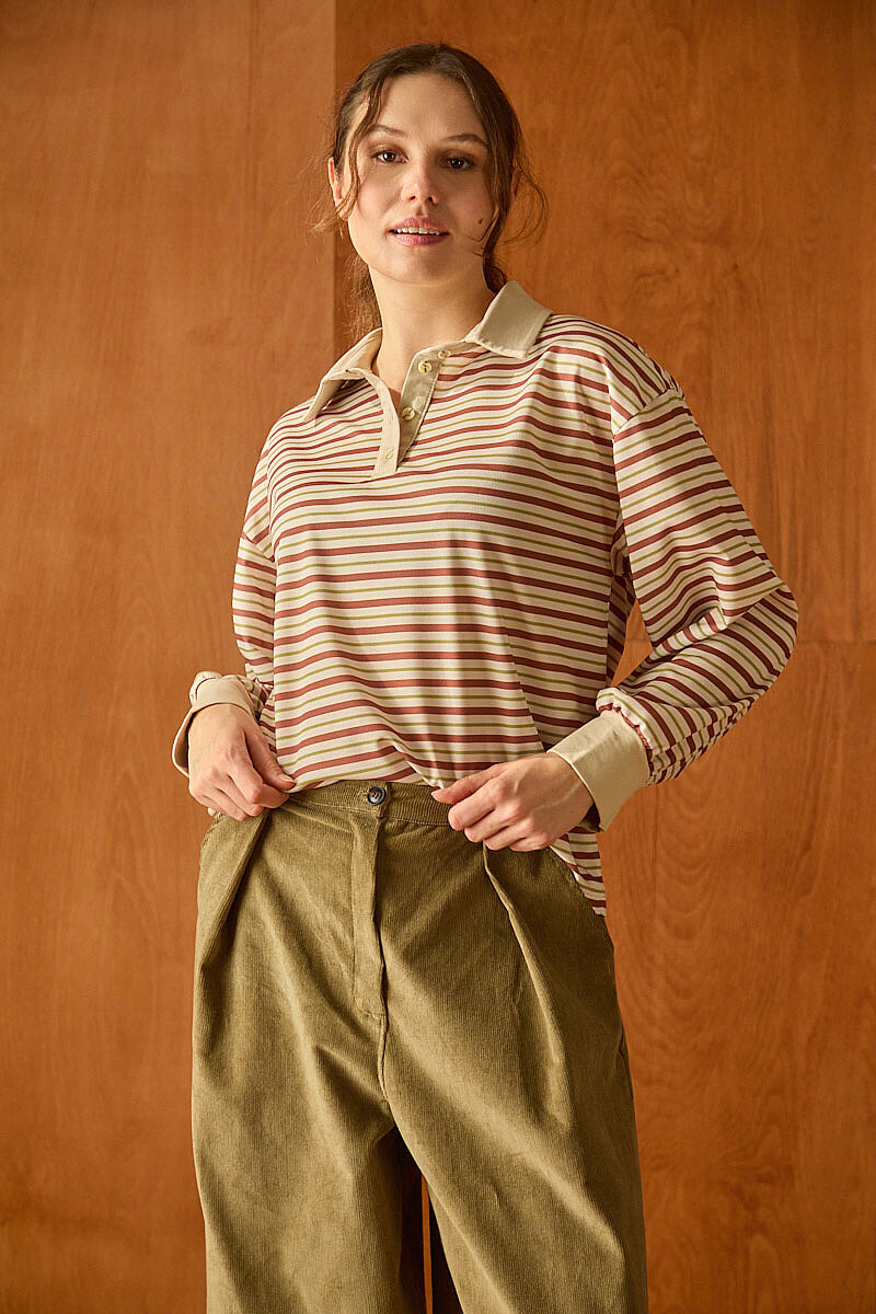 Çizgili Polo Yaka Düğmeli Sweatshirt Taba - 4