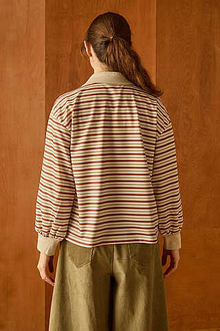 Çizgili Polo Yaka Düğmeli Sweatshirt Taba - 6