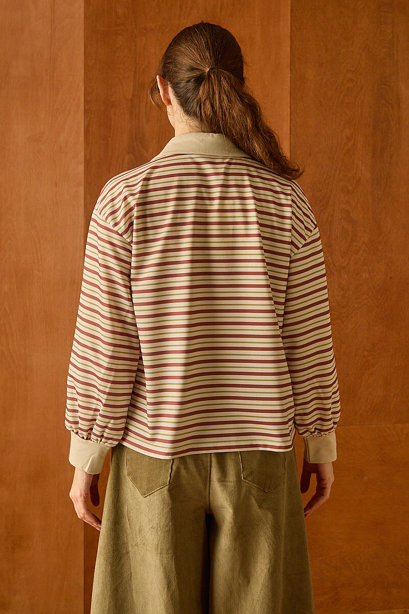 Çizgili Polo Yaka Düğmeli Sweatshirt Taba - 6