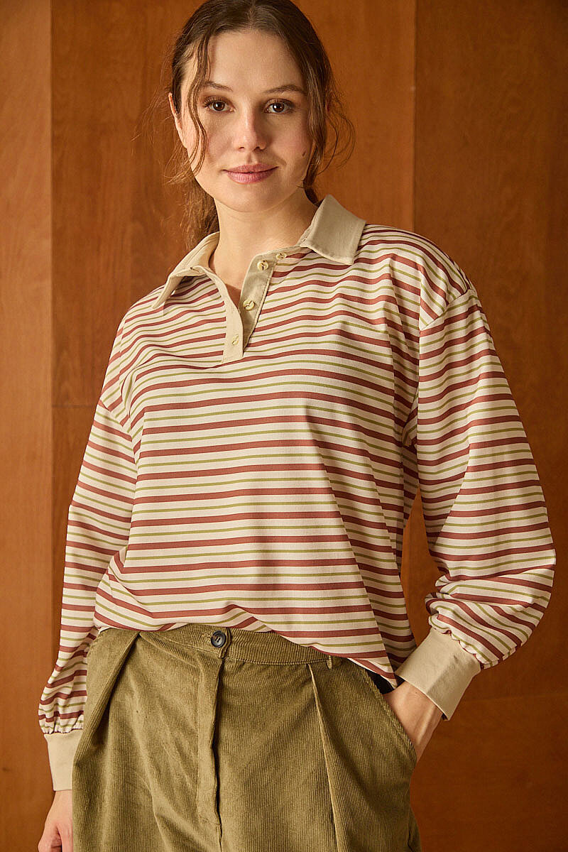 Çizgili Polo Yaka Düğmeli Sweatshirt Taba - 5