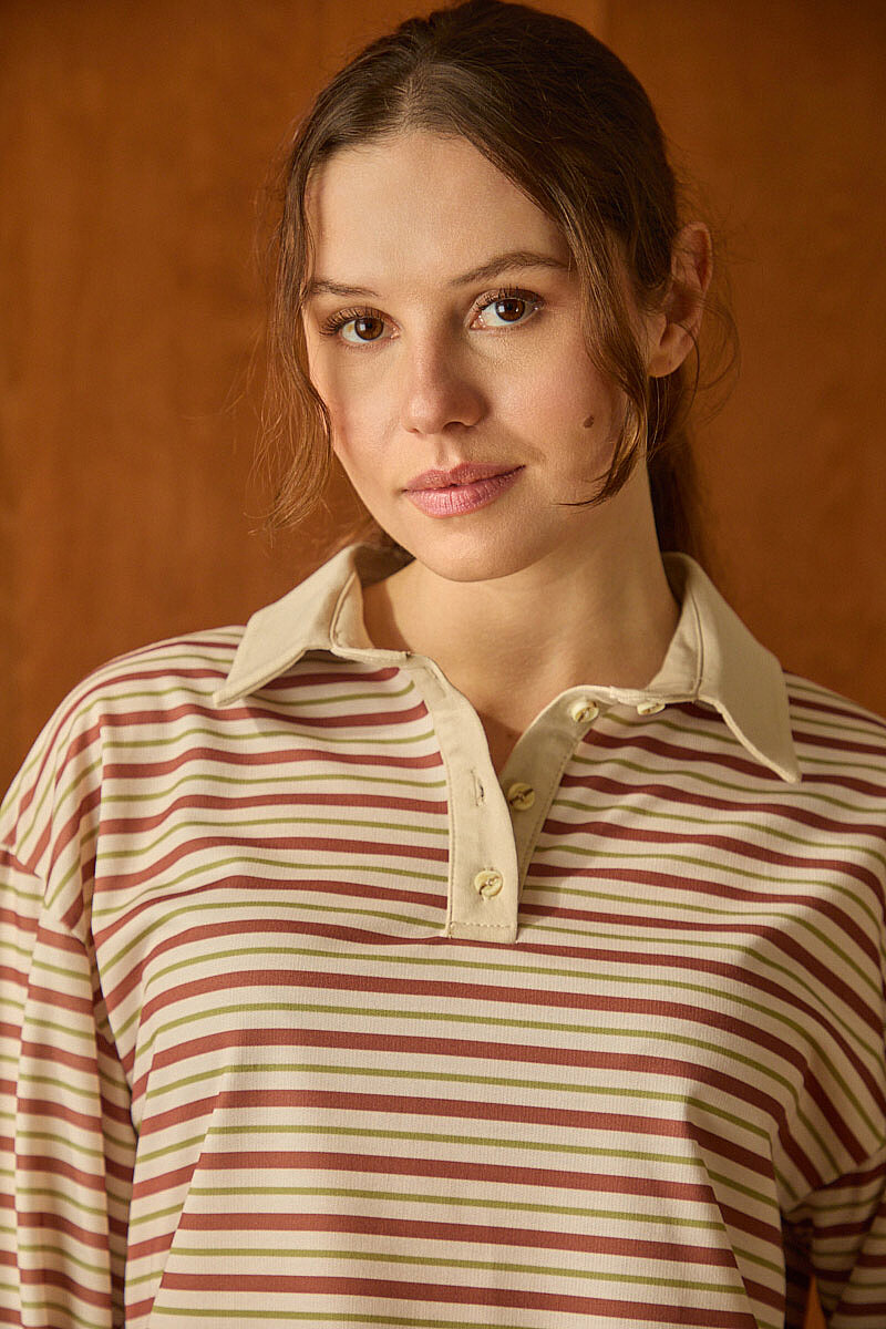 Çizgili Polo Yaka Düğmeli Sweatshirt Taba - 3