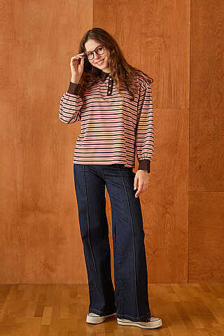 Çizgili Polo Yaka Düğmeli  Sweatshirt Yavruağzı - 1