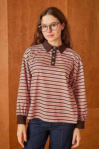 Çizgili Polo Yaka Düğmeli  Sweatshirt Yavruağzı - 2