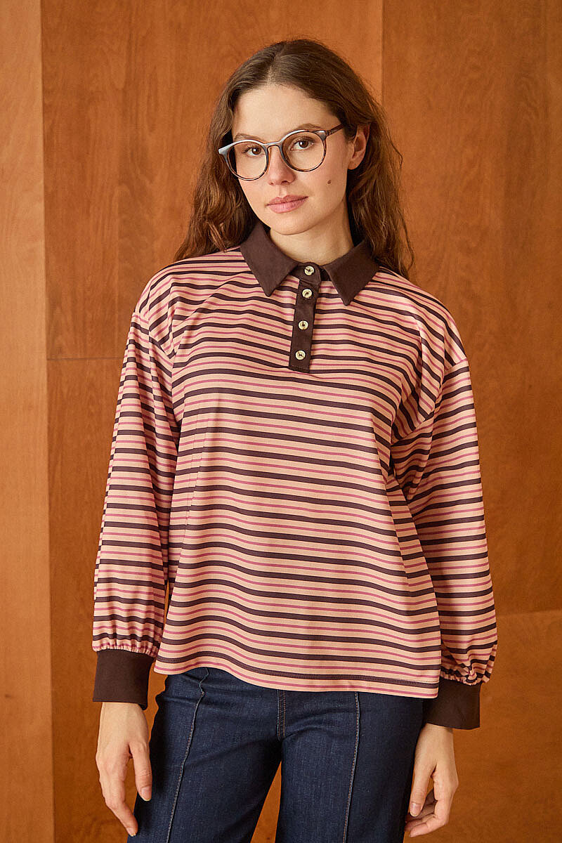 Çizgili Polo Yaka Düğmeli  Sweatshirt Yavruağzı - 2