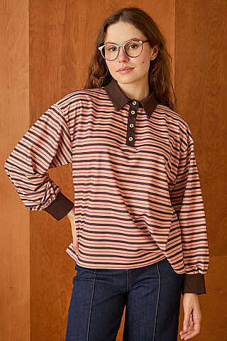 Çizgili Polo Yaka Düğmeli  Sweatshirt Yavruağzı - 5