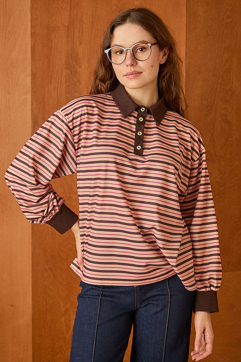 Çizgili Polo Yaka Düğmeli  Sweatshirt Yavruağzı - 5