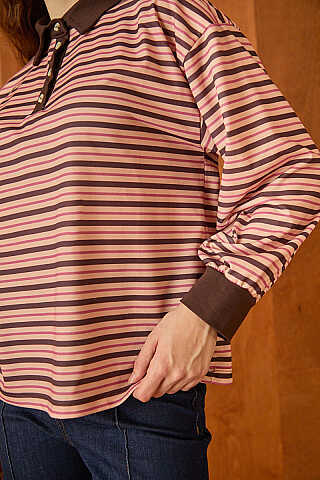 Çizgili Polo Yaka Düğmeli  Sweatshirt Yavruağzı - 4