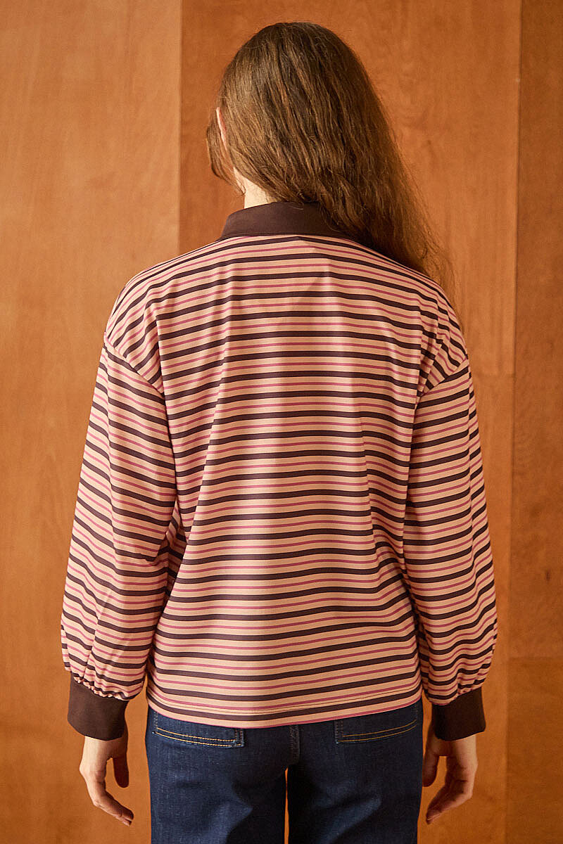 Çizgili Polo Yaka Düğmeli  Sweatshirt Yavruağzı - 6