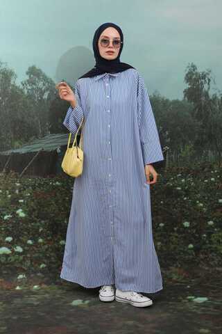 Çizgili Poplin Gömlek Elbise İndigo - 2