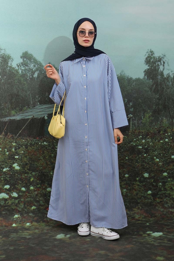 Çizgili Poplin Gömlek Elbise İndigo - 2