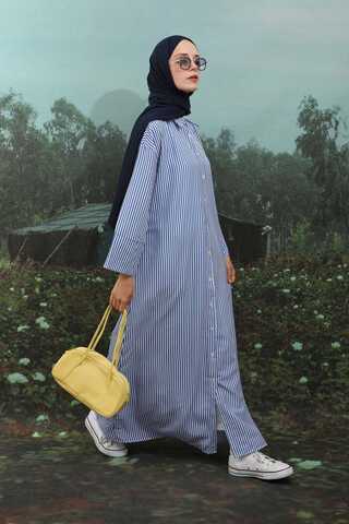 Çizgili Poplin Gömlek Elbise İndigo - 3