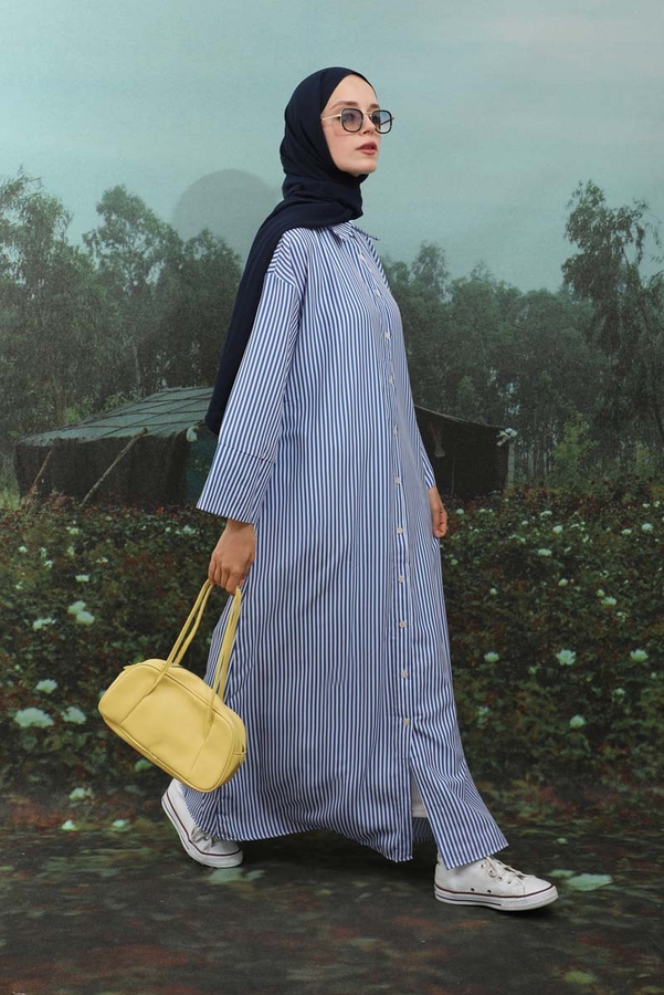 Çizgili Poplin Gömlek Elbise İndigo - 3