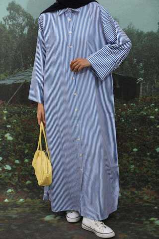 Çizgili Poplin Gömlek Elbise İndigo - 4
