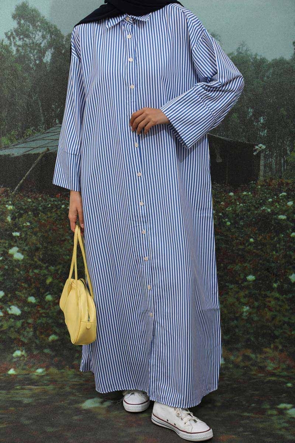 Çizgili Poplin Gömlek Elbise İndigo - 4