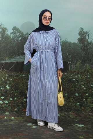 Çizgili Poplin Gömlek Elbise İndigo - 1