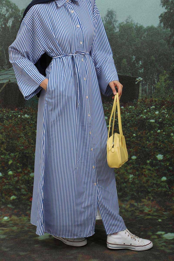 Çizgili Poplin Gömlek Elbise İndigo - 5