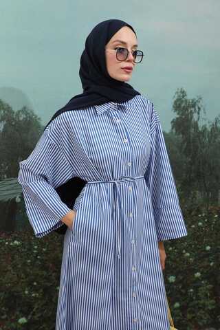 Çizgili Poplin Gömlek Elbise İndigo - 6