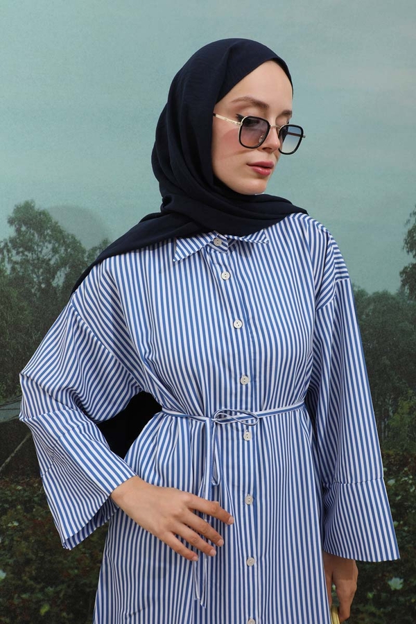 Çizgili Poplin Gömlek Elbise İndigo - 7