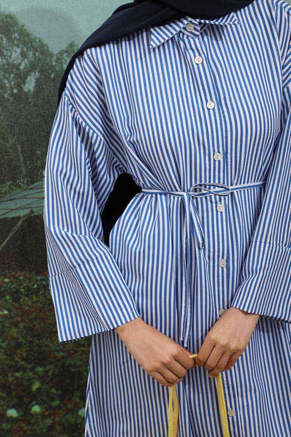 Çizgili Poplin Gömlek Elbise İndigo - 8