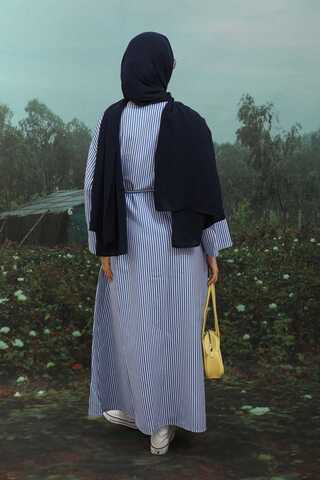 Çizgili Poplin Gömlek Elbise İndigo - 9