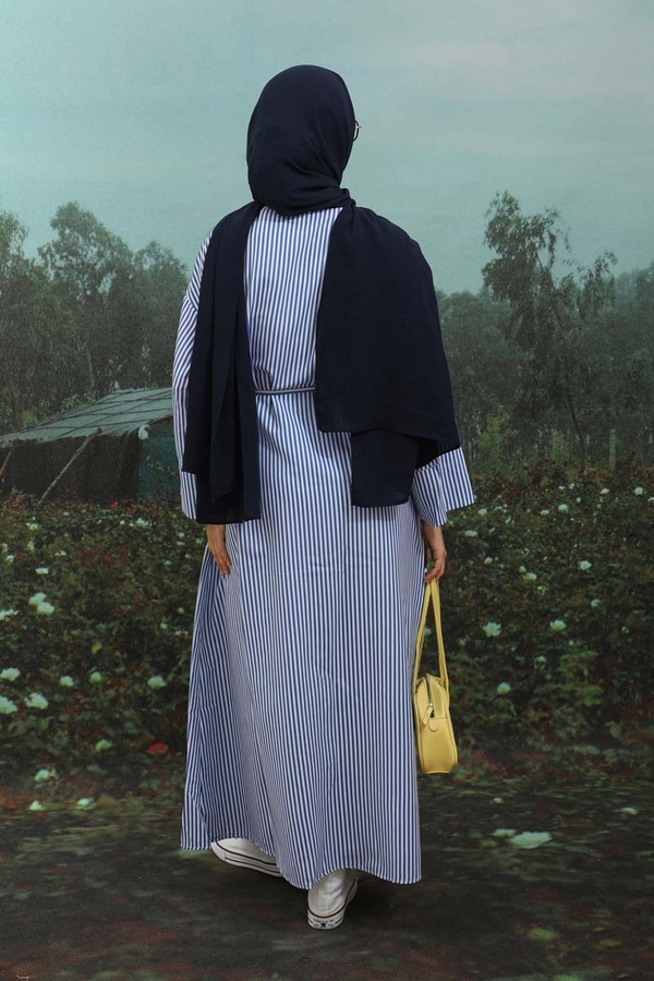 Çizgili Poplin Gömlek Elbise İndigo - 9