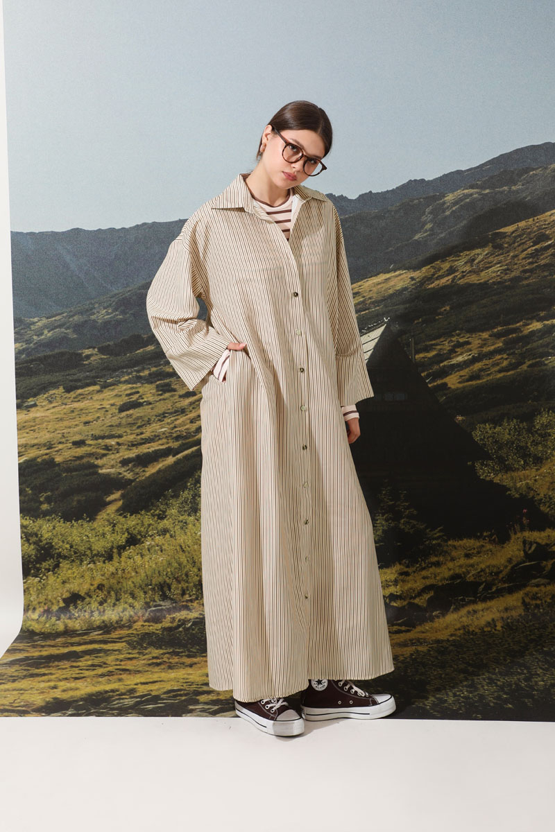 Çizgili Poplin Gömlek Elbise Kahverengi