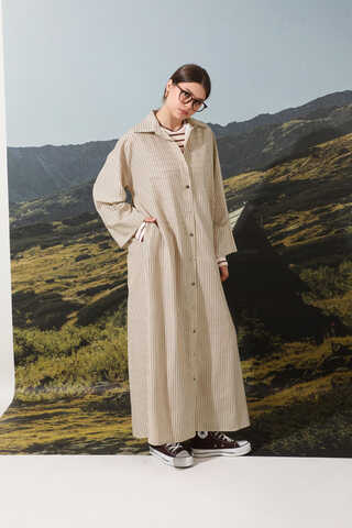 Çizgili Poplin Gömlek Elbise Kahverengi - 1