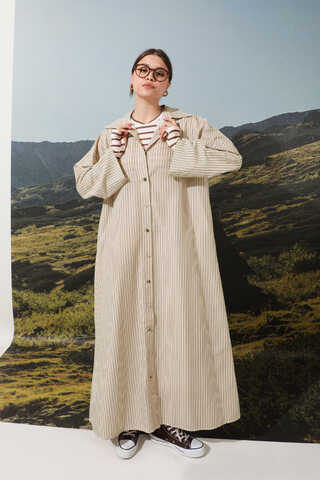 Çizgili Poplin Gömlek Elbise Kahverengi - 2