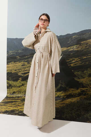 Çizgili Poplin Gömlek Elbise Kahverengi - 6