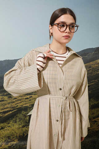 Çizgili Poplin Gömlek Elbise Kahverengi - 3