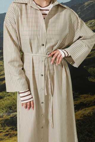 Çizgili Poplin Gömlek Elbise Kahverengi - 5