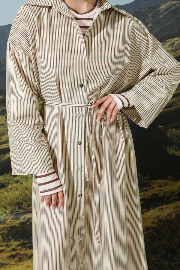 Çizgili Poplin Gömlek Elbise Kahverengi - 5