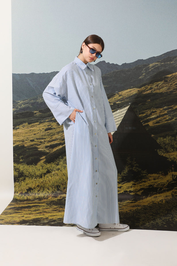 Çizgili Poplin Gömlek Elbise Mavi - 3