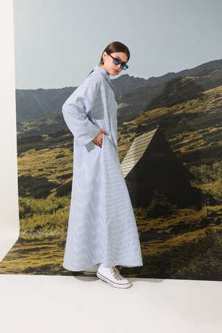 Çizgili Poplin Gömlek Elbise Mavi - 4