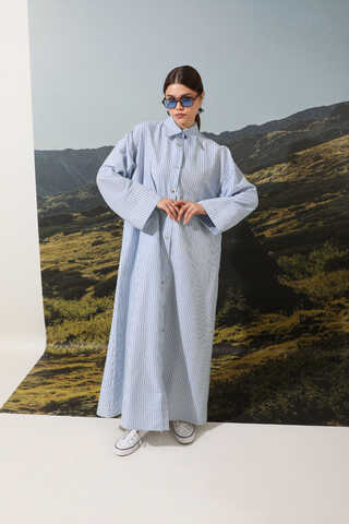 Çizgili Poplin Gömlek Elbise Mavi - 1