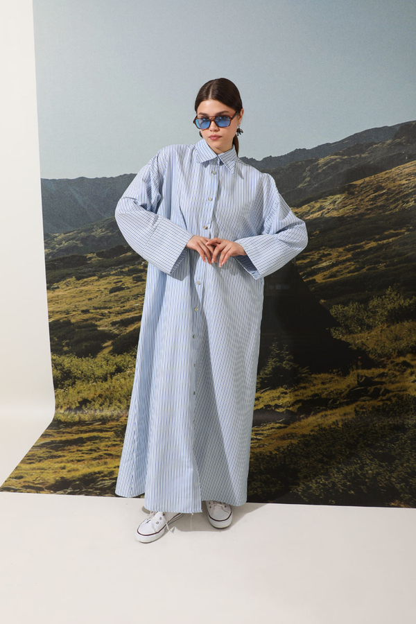 Çizgili Poplin Gömlek Elbise Mavi - 1